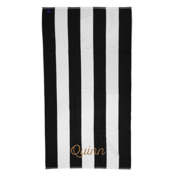 Large name embroidered on striped towel